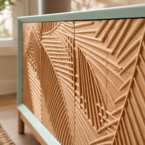 Close-up of Foglia Credenza's textured, wave-like surface highlighting organic grain with natural daylight in a modern living room setting.