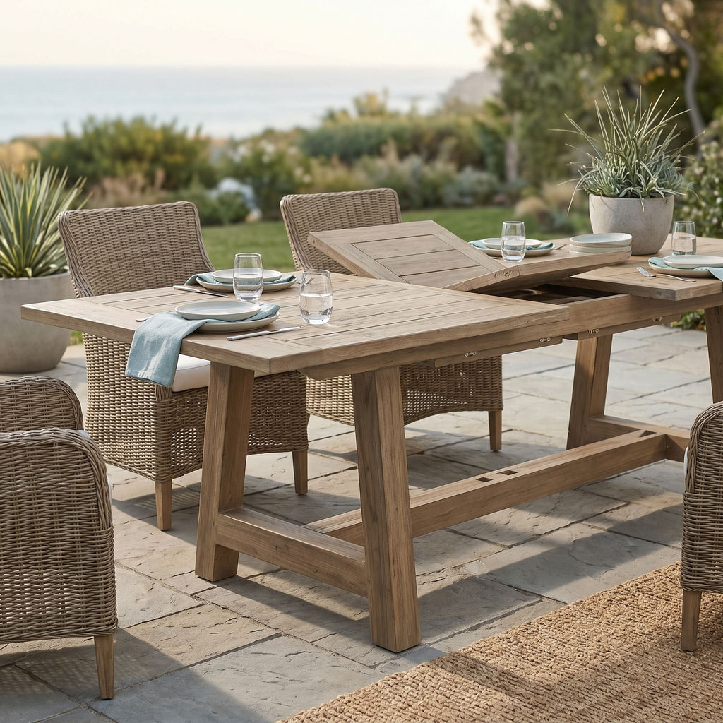 Close-up of the Coastal Teak Dining Table showing textured surface and natural grain patterns with rustic features.