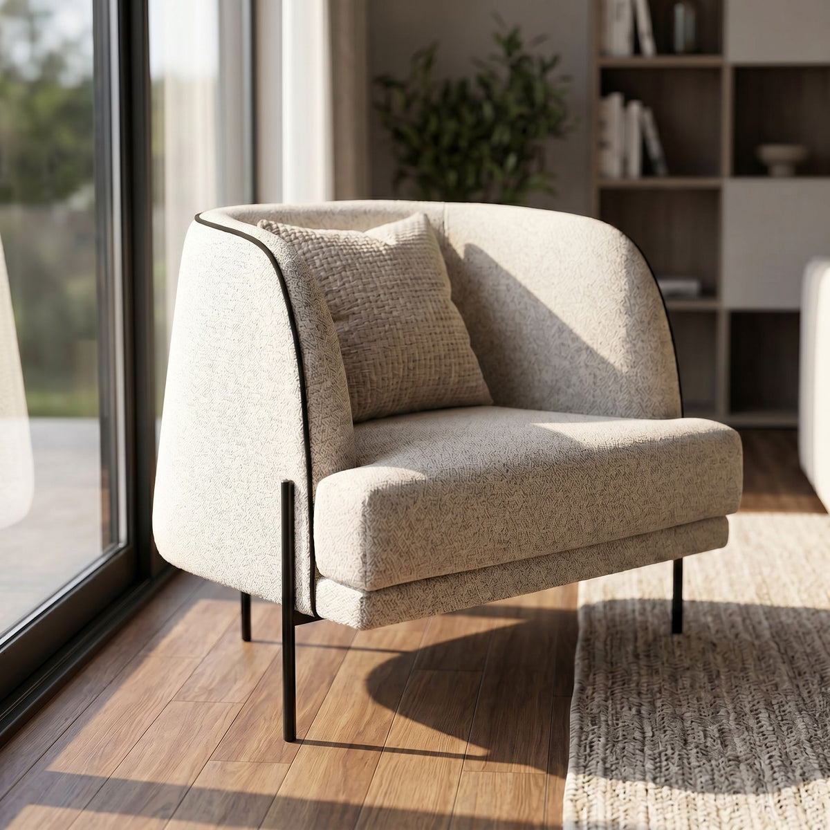 Close-up of upholstered seat and backrest of Giroud Chair highlighting clean lines and fabric texture in a modern living room.