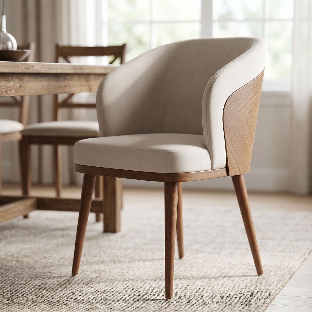 Close-up of Laurent Dining Chair's stained-resistant fabric upholstery with natural daylight highlighting texture in a blurred dining room scene.