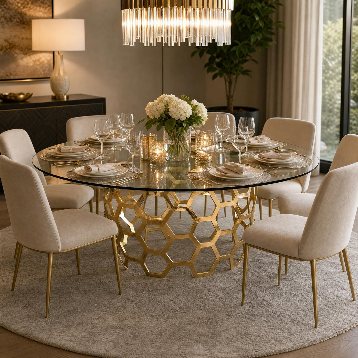Full view of Dolma Dining Table in modern space with 72-inch glass top, surrounded by chairs and elegant dining setting.