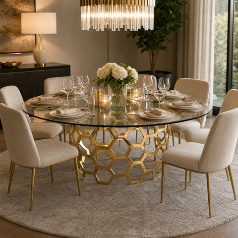 Full view of Dolma Dining Table in modern space with 72-inch glass top, surrounded by chairs and elegant dining setting.