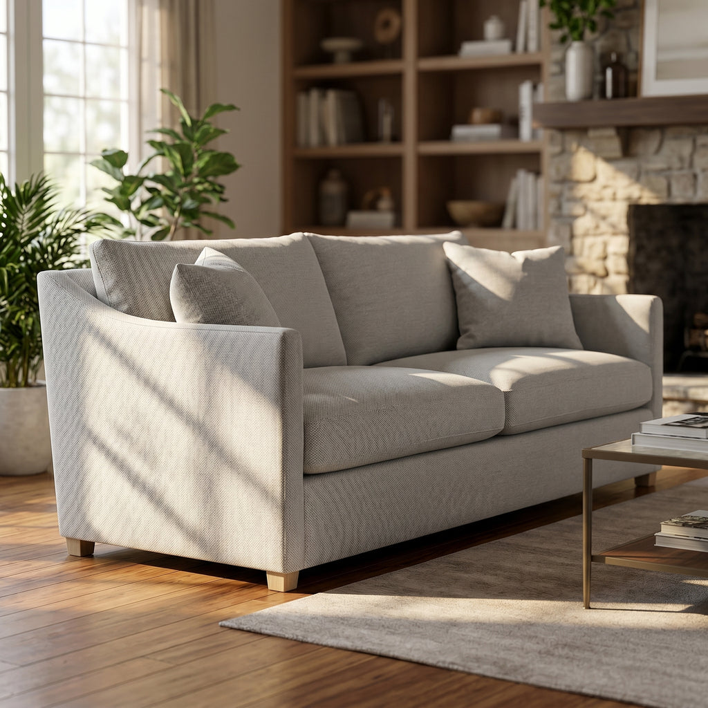 Angled view of the Serena 92' sofa in a cozy upscale living room, emphasizing silhouette and craftsmanship with warm lighting.