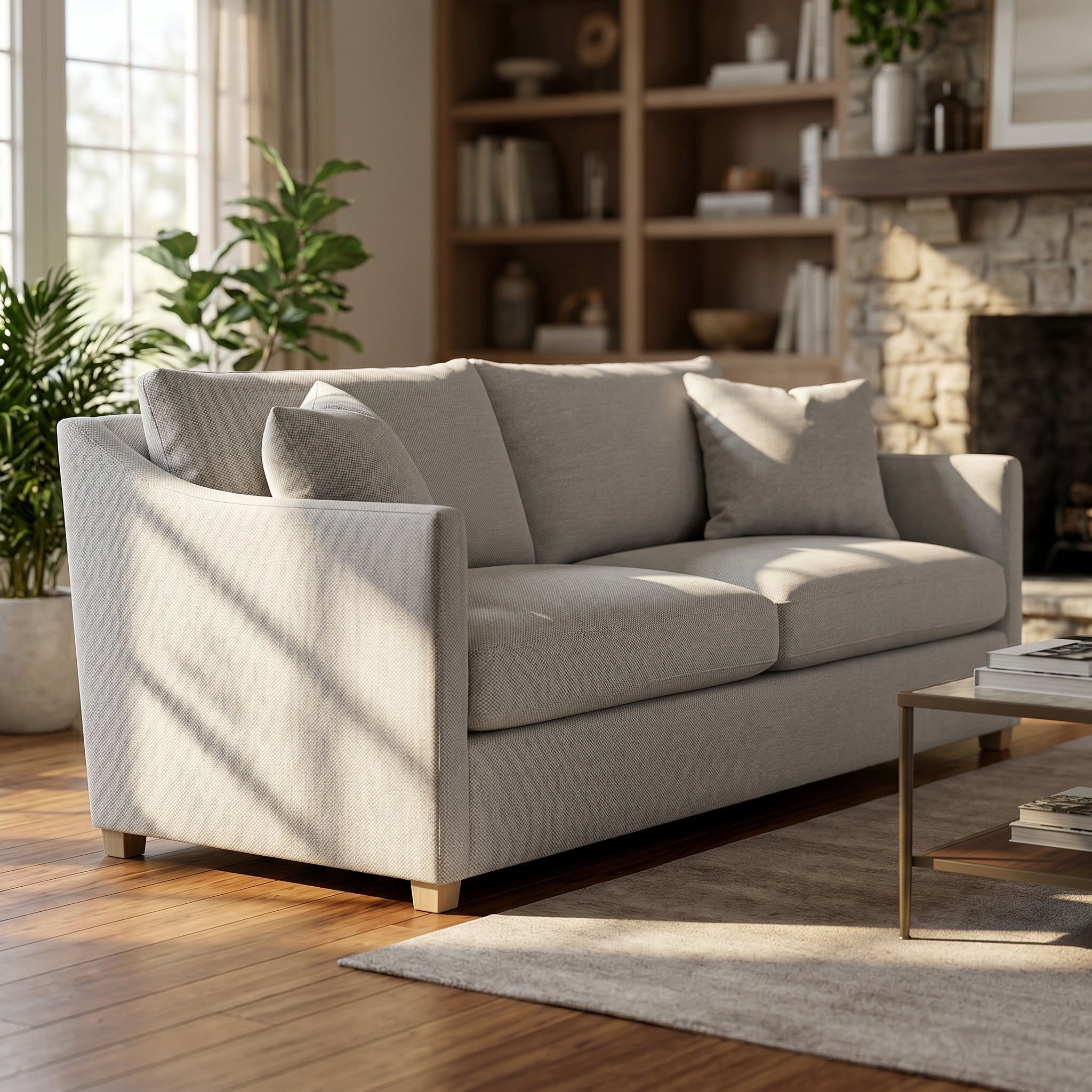 Angled view of the Serena 92' sofa in a cozy upscale living room, emphasizing silhouette and craftsmanship with warm lighting.