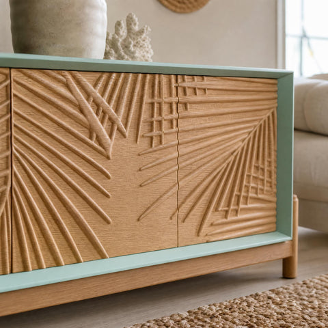 Vertical detail of Foglia Credenza's textured finish and organic edge, emphasizing coastal aesthetic in a contemporary living room.