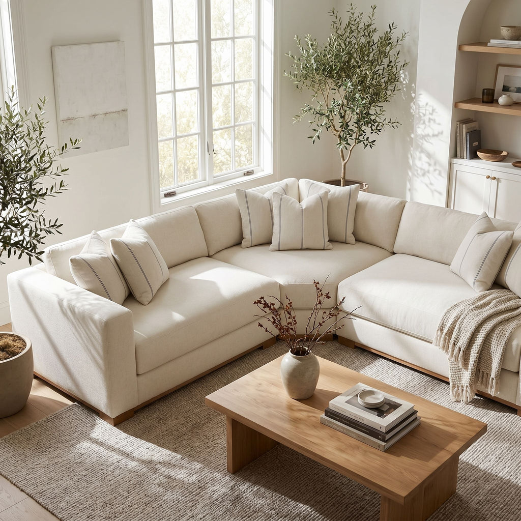 Full view of Dominic Sectional in a living room with sunlight, showcasing its clean lines and spacious silhouette.
