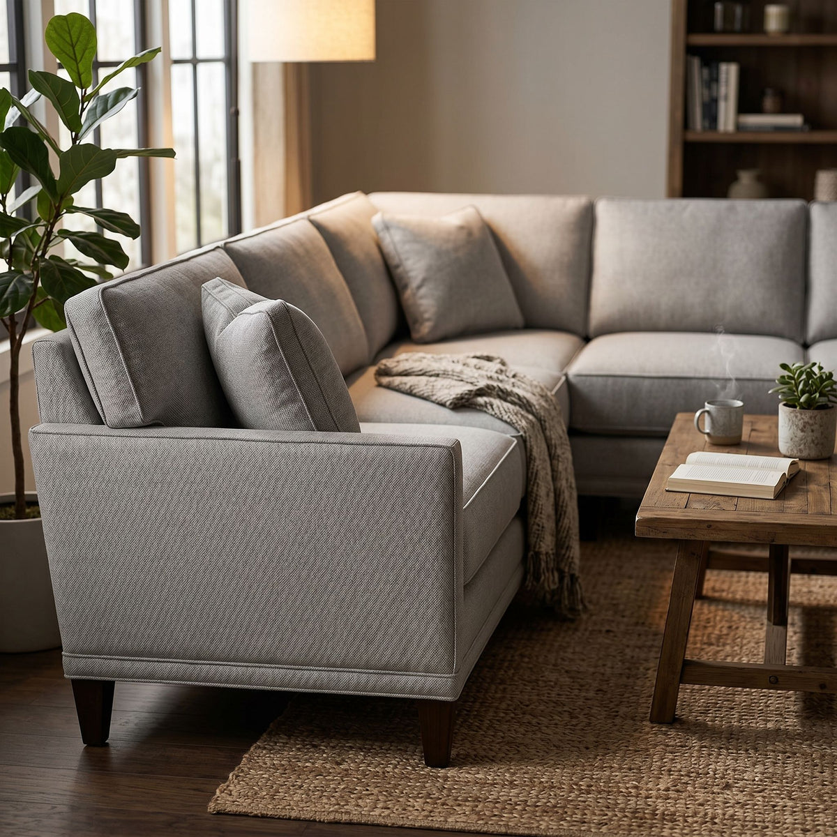 Side perspective of Townsend Sectional in a cozy interior setting emphasizing sturdy build and premium fabric under warm lighting.