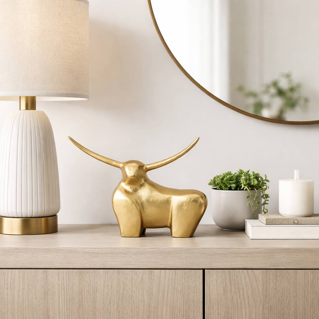Decorative Figurine - Gold Metal Solid Standing Bull, 8 in.