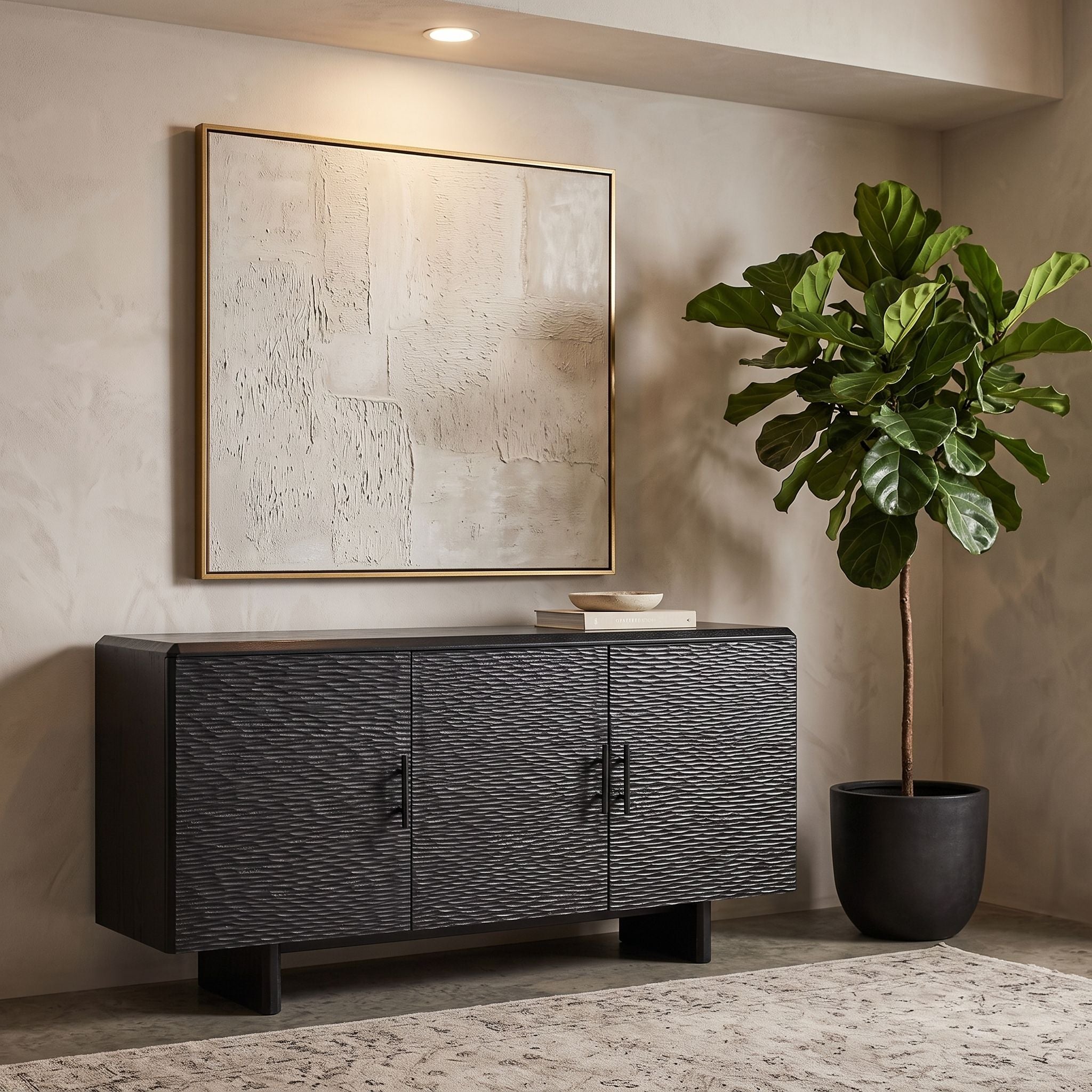 Scene of the Silvanos Sideboard in a stylish living room with a large plant, warm diffuse lighting, and soft shadows emphasizing its dark finish.