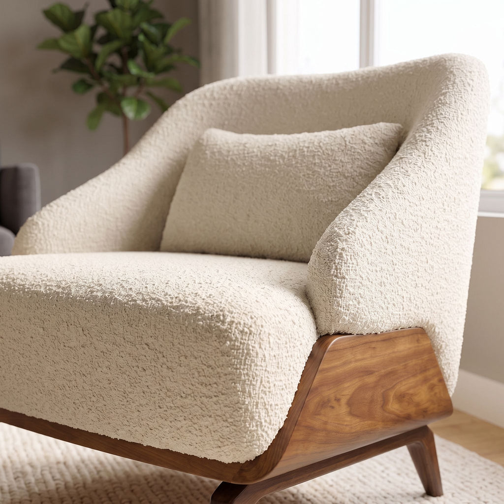 Close-up of Eva Lounge Chair's seat and back in a modern living room, highlighting fabric texture and wooden frame.