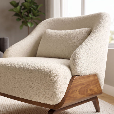 Close-up of Eva Lounge Chair's seat and back in a modern living room, highlighting fabric texture and wooden frame.