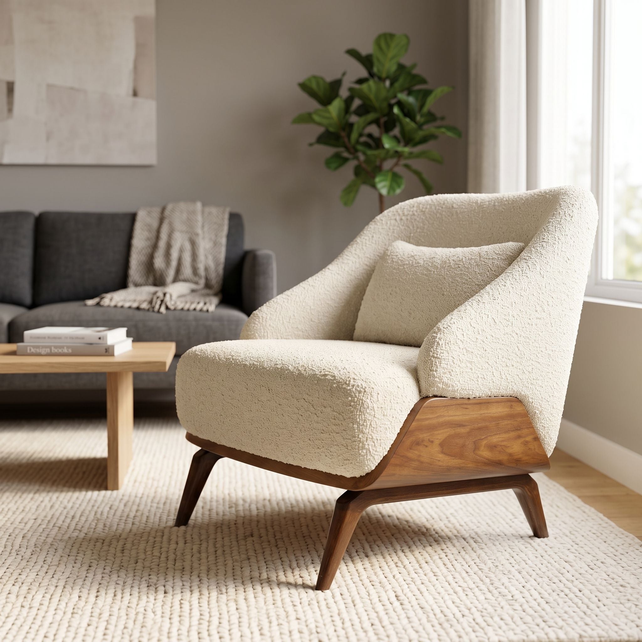 Close-up of Eva Lounge Chair showing wooden frame and upholstered seat in a modern living room setting.