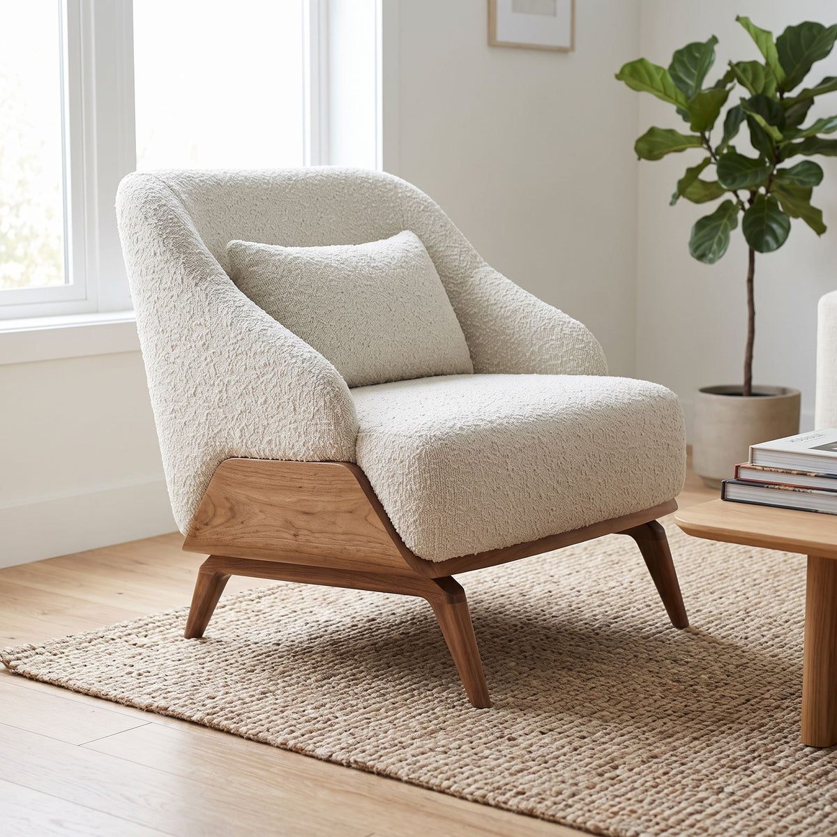 Detailed shot of the wooden armrest and upholstered back of Eva Lounge Chair in a stylish living area.