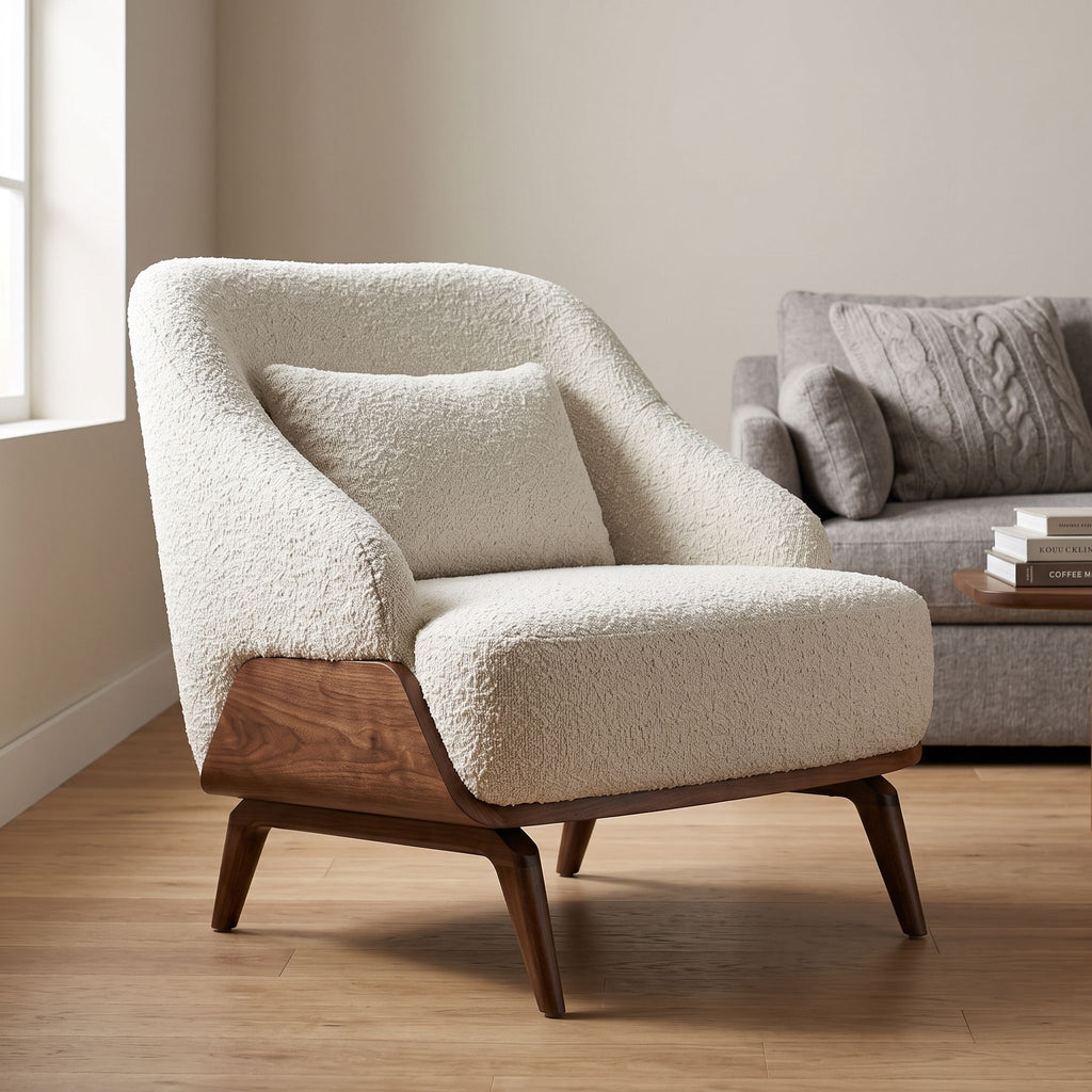 Side perspective of Eva Lounge Chair highlighting ergonomic support in a softly lit modern living room.