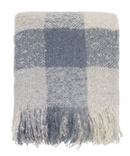 Blue-Grey-White Faux Mohair Plaid Fringed Throw Blanket