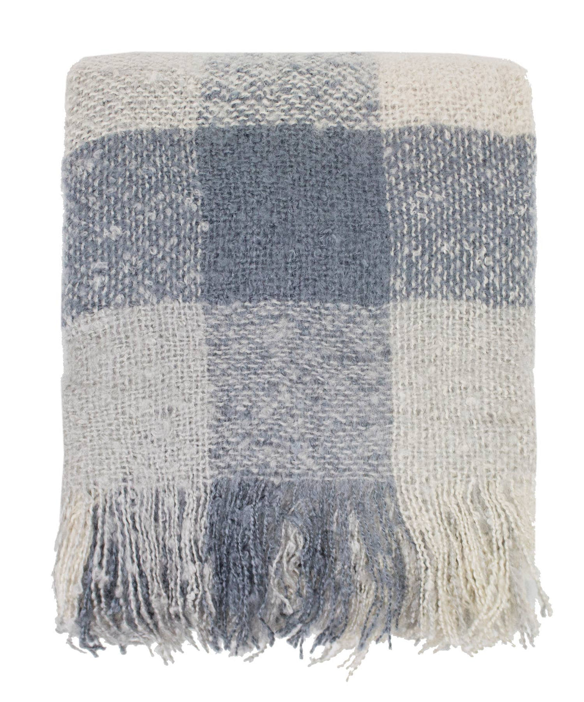 Blue-Grey-White Faux Mohair Plaid Fringed Throw Blanket