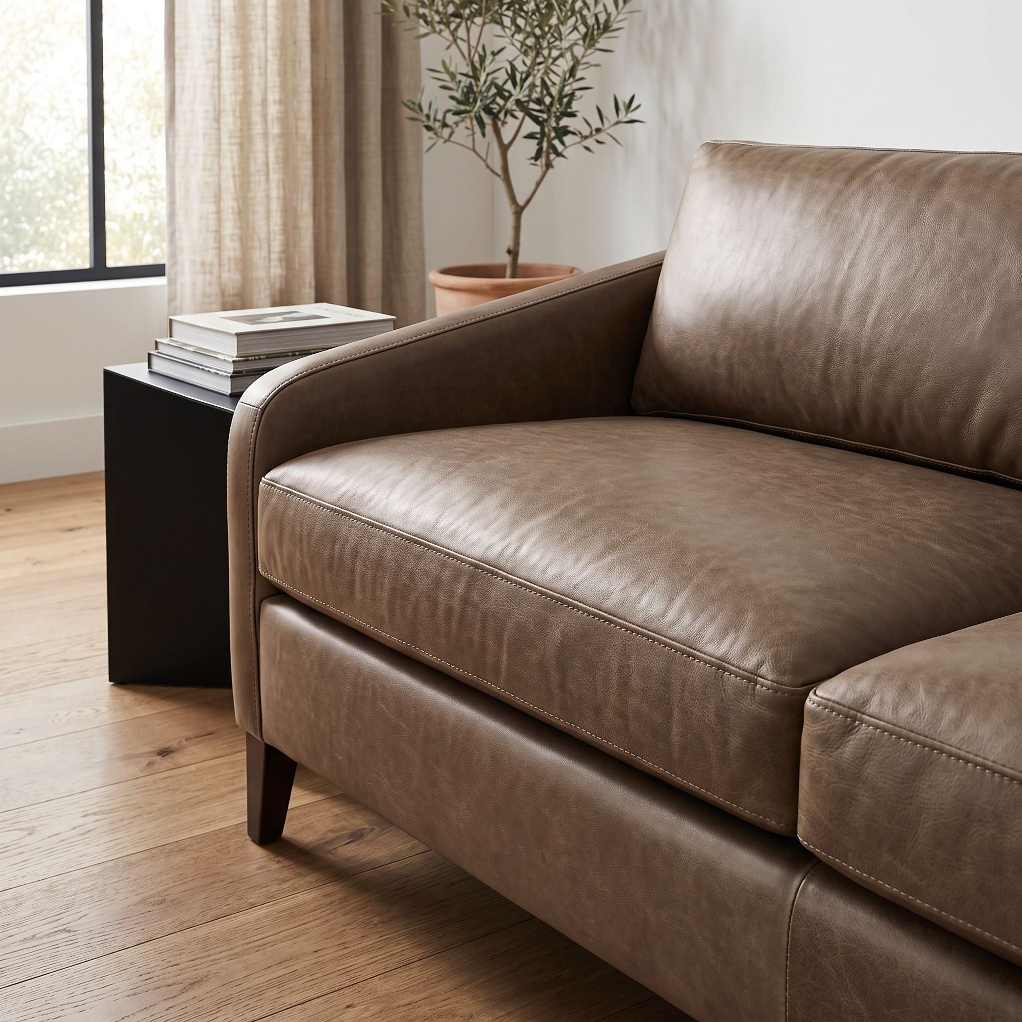Close-up of the FRANNIE LEATHER SOFA showing detailed stitching and rich leather surface in a modern living room scene.