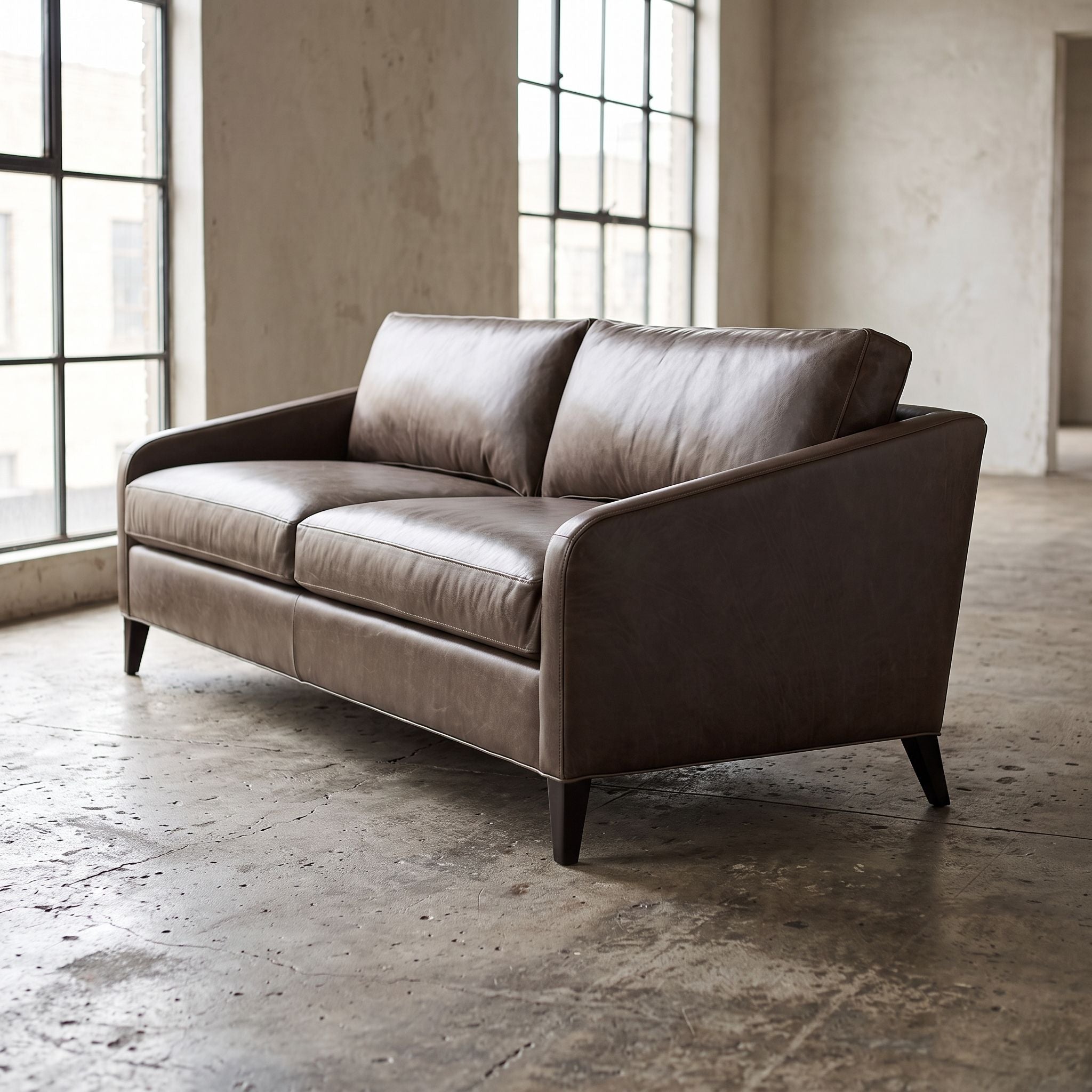 Full-side view of the FRANNIE LEATHER SOFA in a studio with neutral walls and vintage concrete flooring, highlighting its proportions and curves.