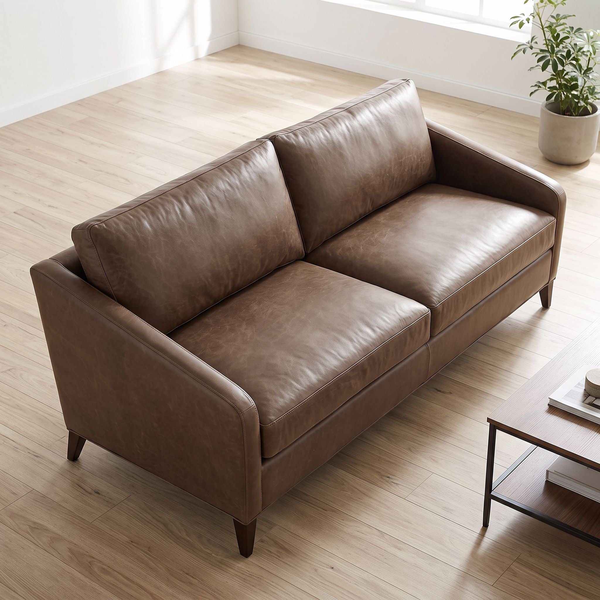 Top-down perspective of the FRANNIE LEATHER SOFA with plush cushions and rounded armrests in a bright modern space.