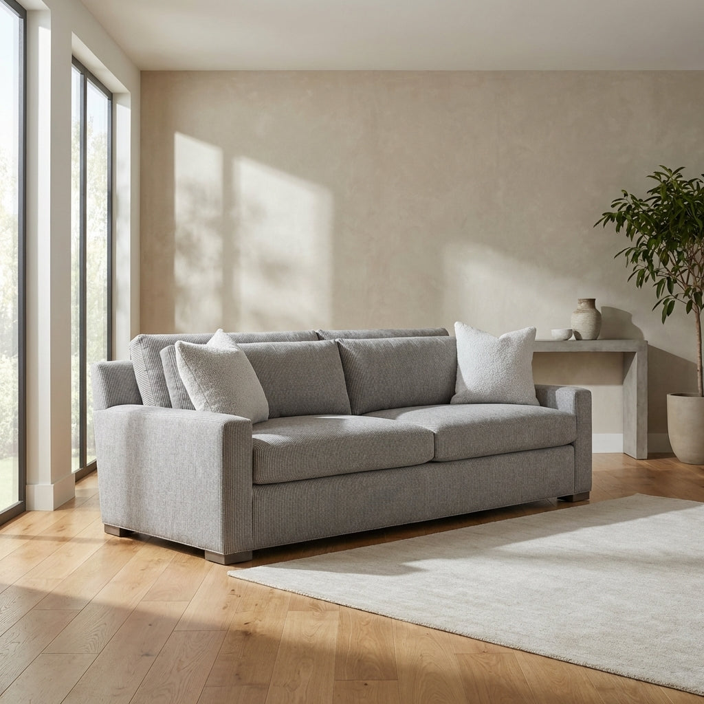 Full-body view of the NEST SOFA in a contemporary living room with minimalist decor, daylight, and polished wooden floor.