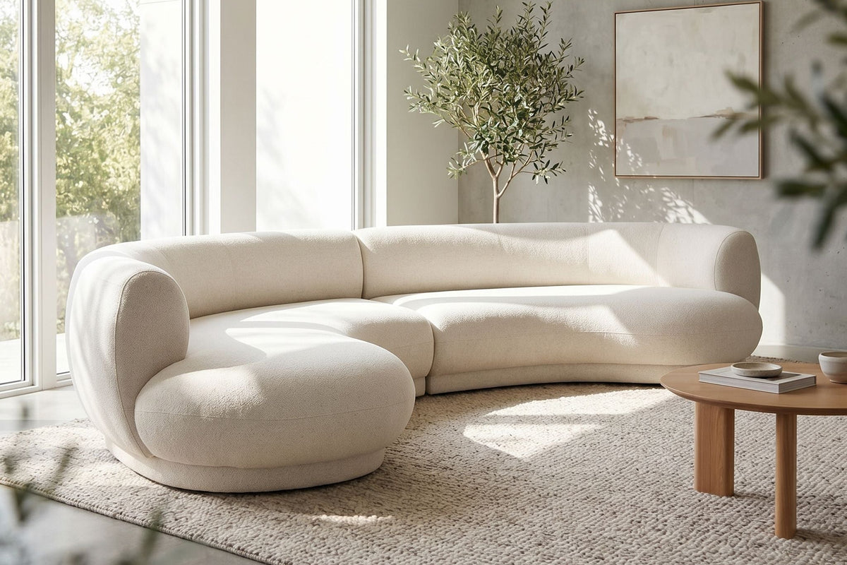 Full-body view of Lake Chaise Sectional in a natural-lit living room highlighting its solid wood frame and modern comfort.