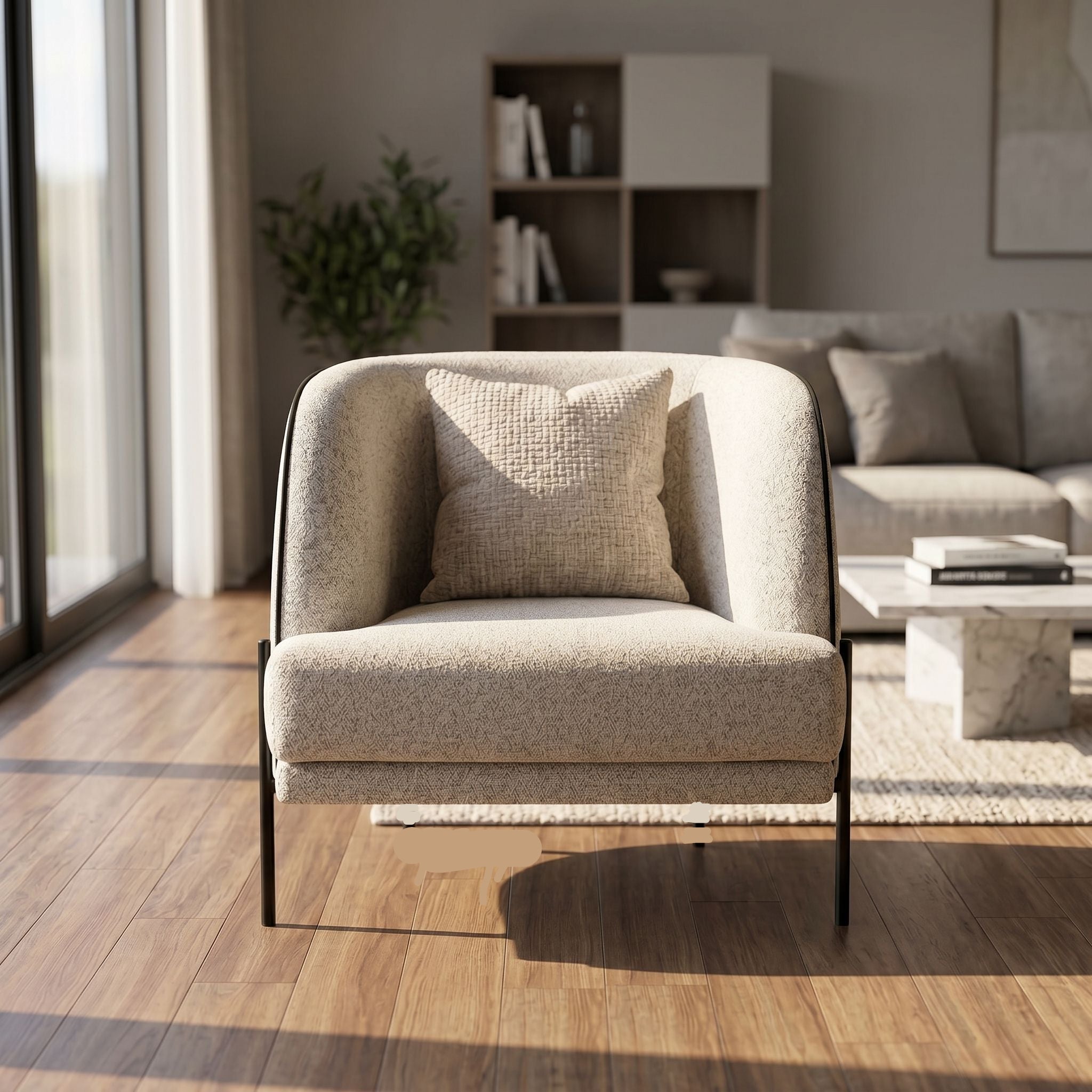 Full-body view of Giroud Chair in spacious living room showcasing its medium frame and versatile style with contemporary decor.