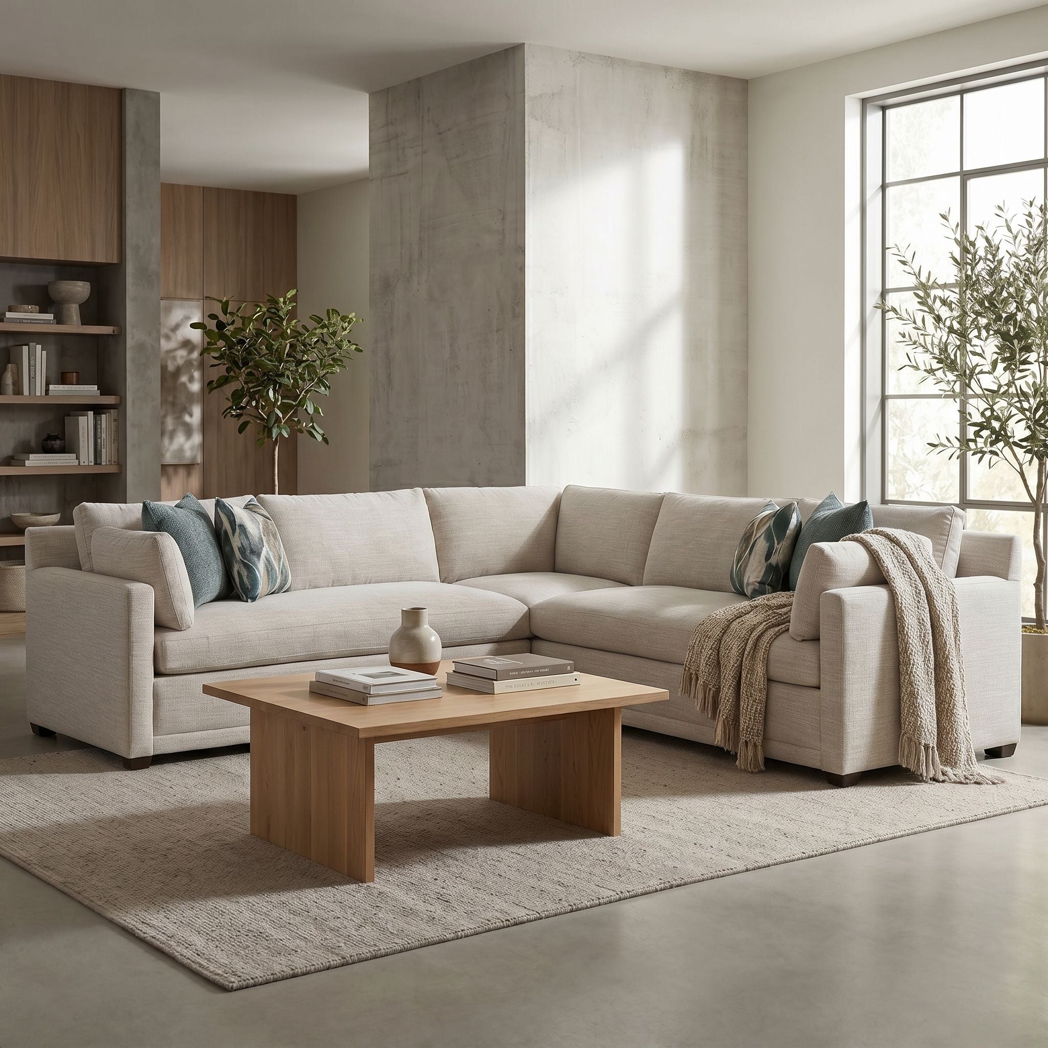 Full-body view of Sylvie bench seat sectional in an upscale lounge, demonstrating comfort and craftsmanship.