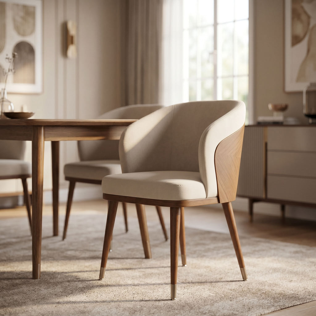 Full view of Laurent Dining Chair in a stylish dining room with modern table and neutral-toned interior.