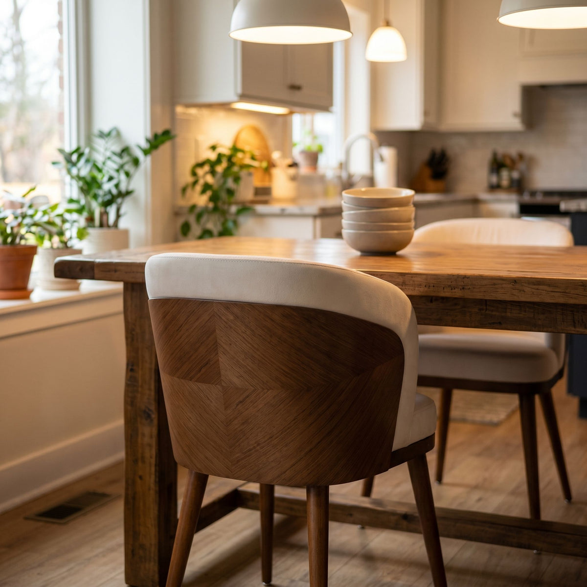 Full view of Laurent Dining Chair at dining table in a cozy kitchen, showcasing natural wood veneer finish and elegant design.