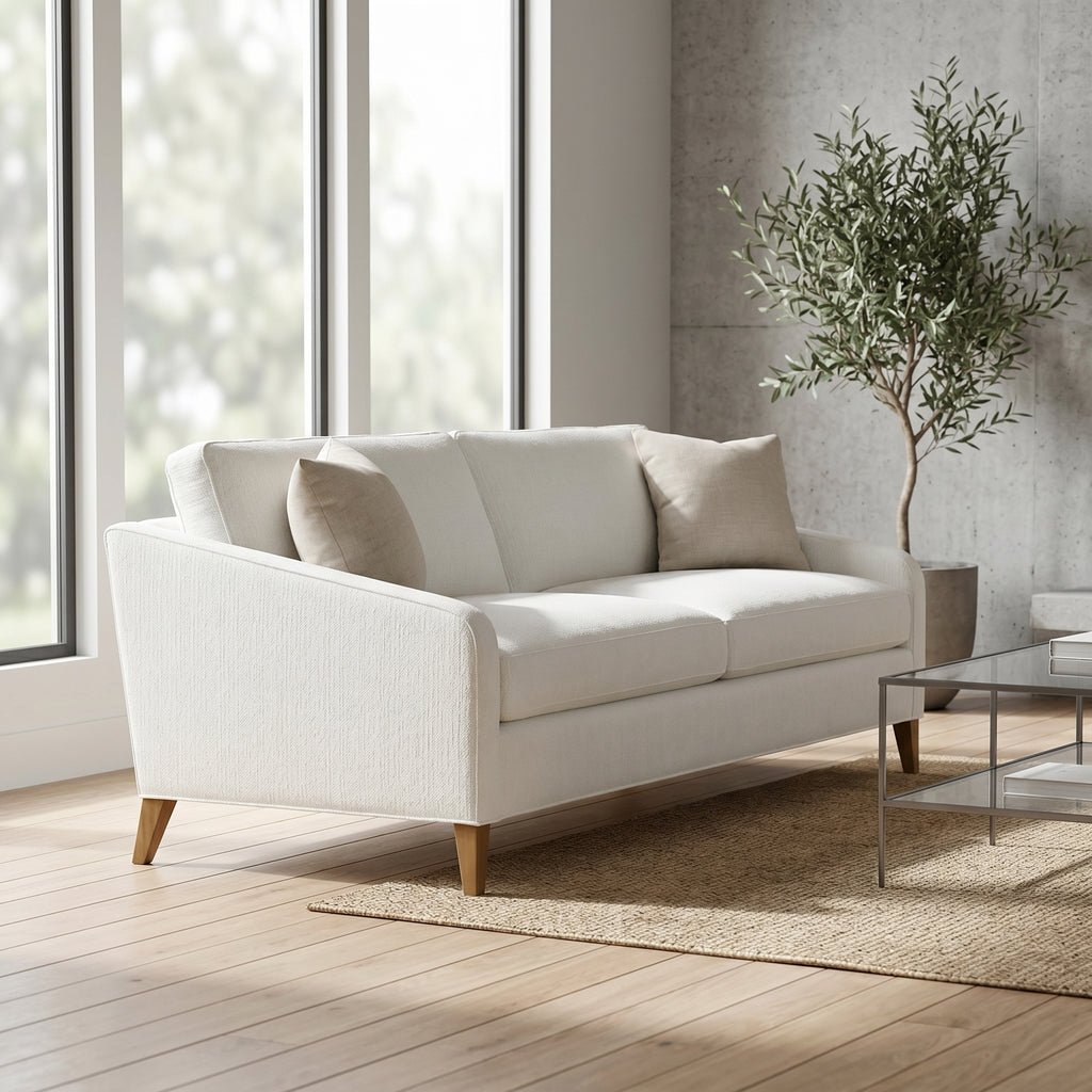 Full view of Frannie Sofa in a minimalist living room, showcasing clean lines, proportions, and inviting cushions.