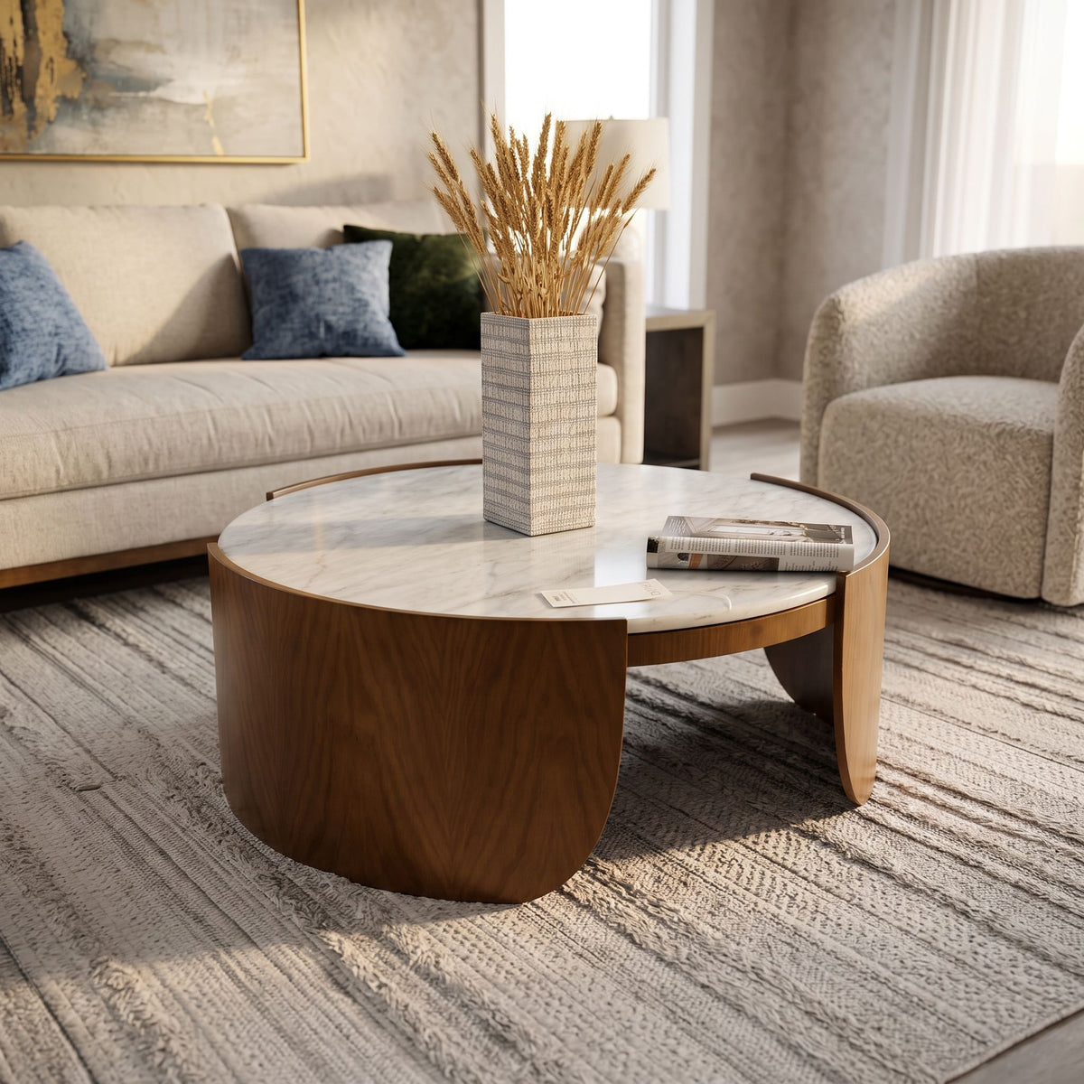Full view of Heba Coffee Table in contemporary living space with neutral furniture.