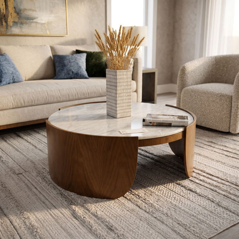 Full view of Heba Coffee Table in contemporary living space with neutral furniture.