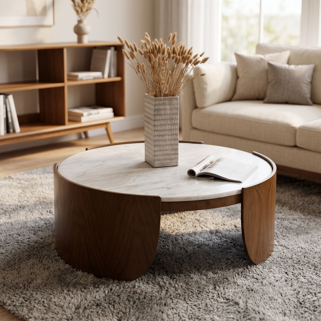 Side profile of Heba Coffee Table showing natural marble veining and rounded edges.