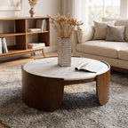 Side profile of Heba Coffee Table showing natural marble veining and rounded edges.