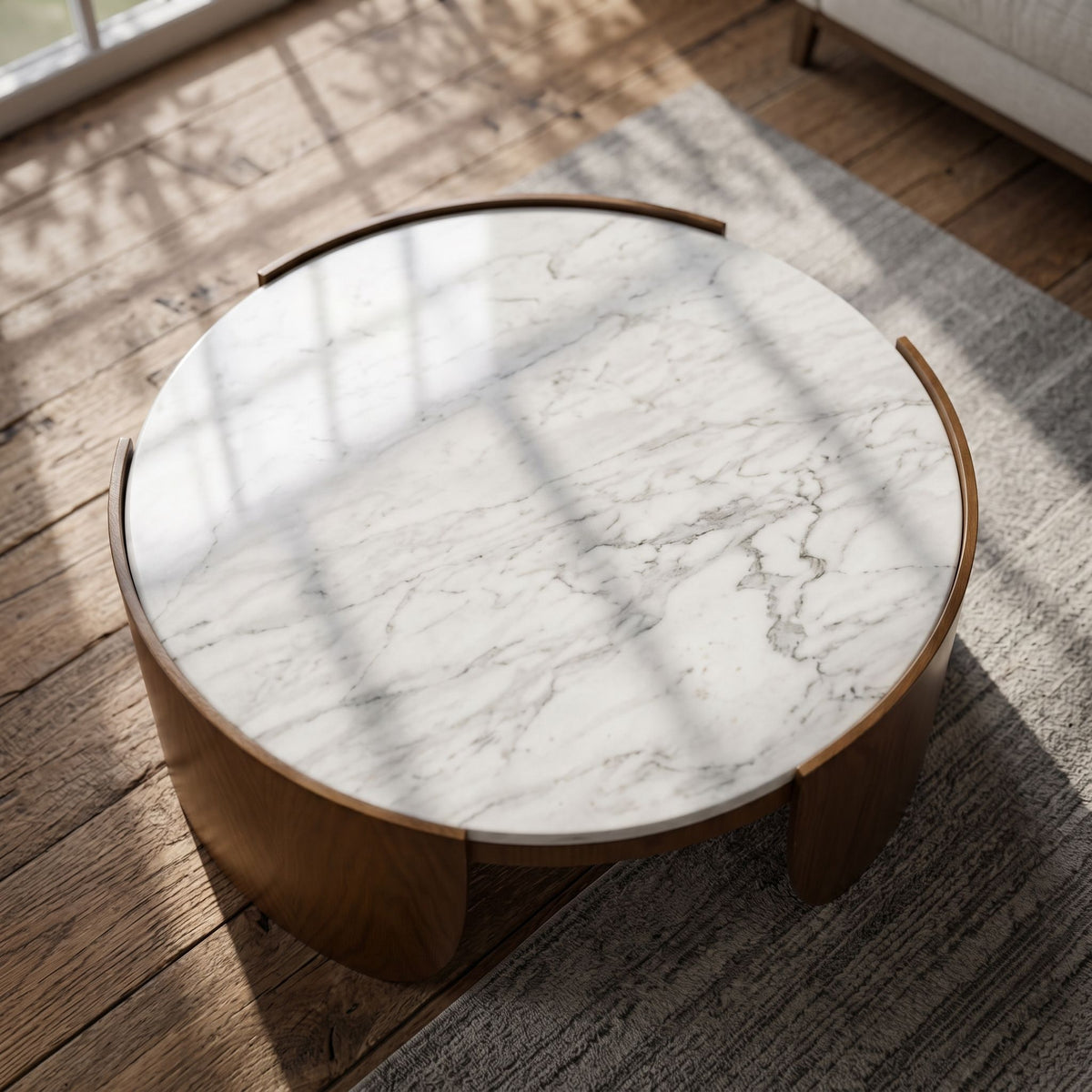 Top-down view of Heba Coffee Table with veining on rustic wooden floor.