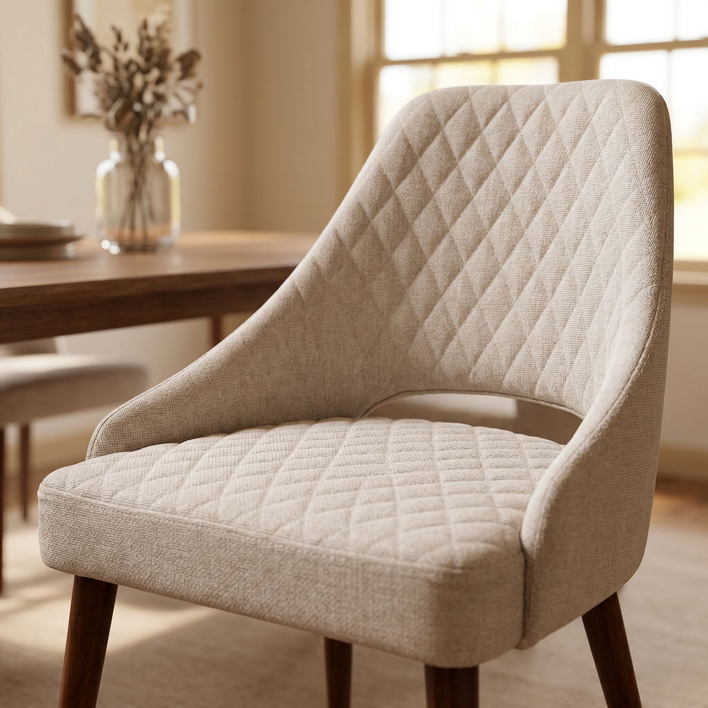 Close-up of the Herchel Dining Chair's upholstered seat and backrest showcasing fabric texture and stitching.