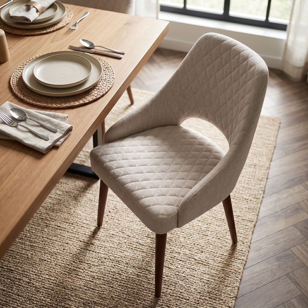 Top-down view of the Herchel Dining Chair demonstrating stain-resistant fabric and padding beside a modern dining table.