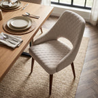 Top-down view of the Herchel Dining Chair demonstrating stain-resistant fabric and padding beside a modern dining table.