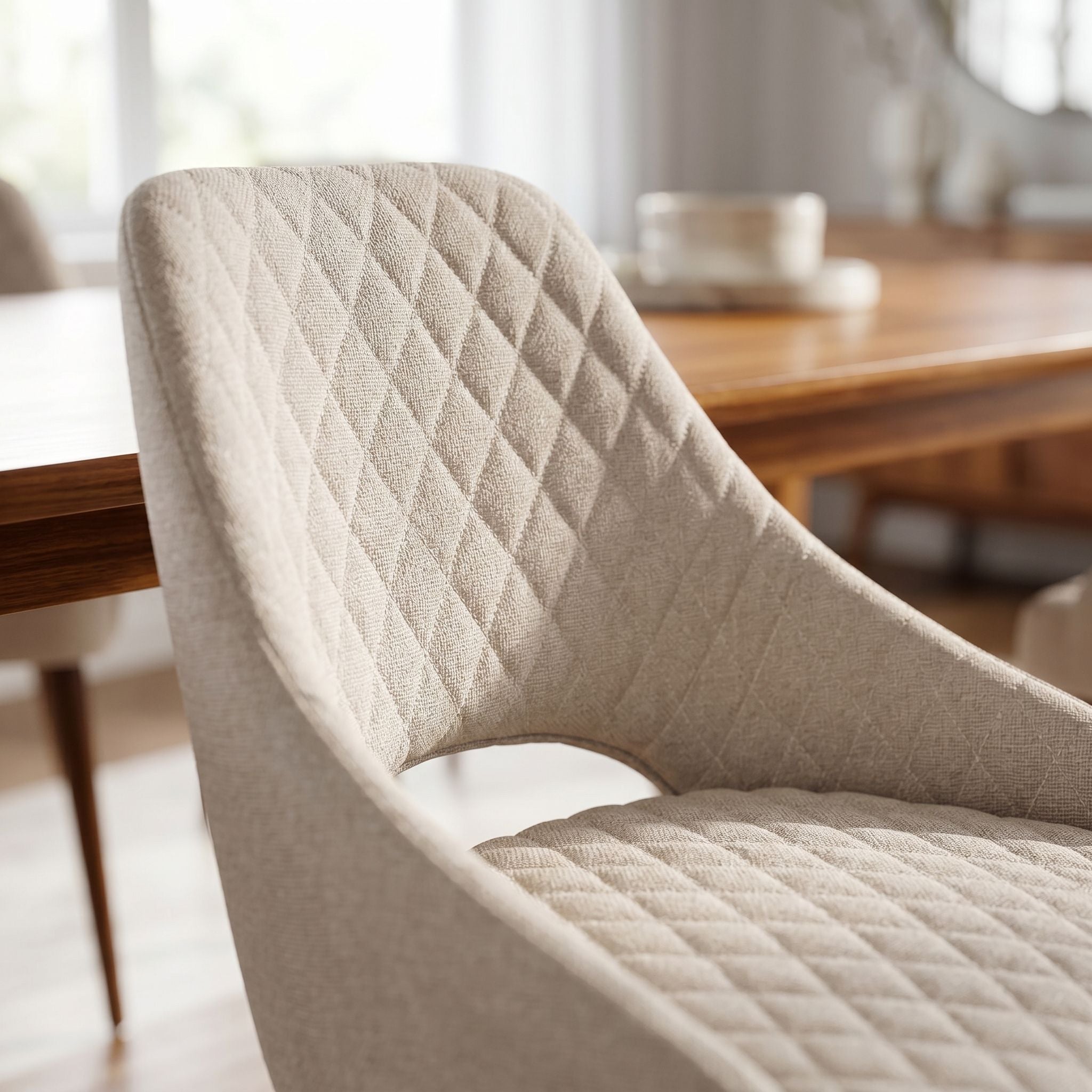 Close-up of Herchel Dining Chair's upholstered seat and backrest highlighting fabric texture and stitch details in an elegant dining setting.