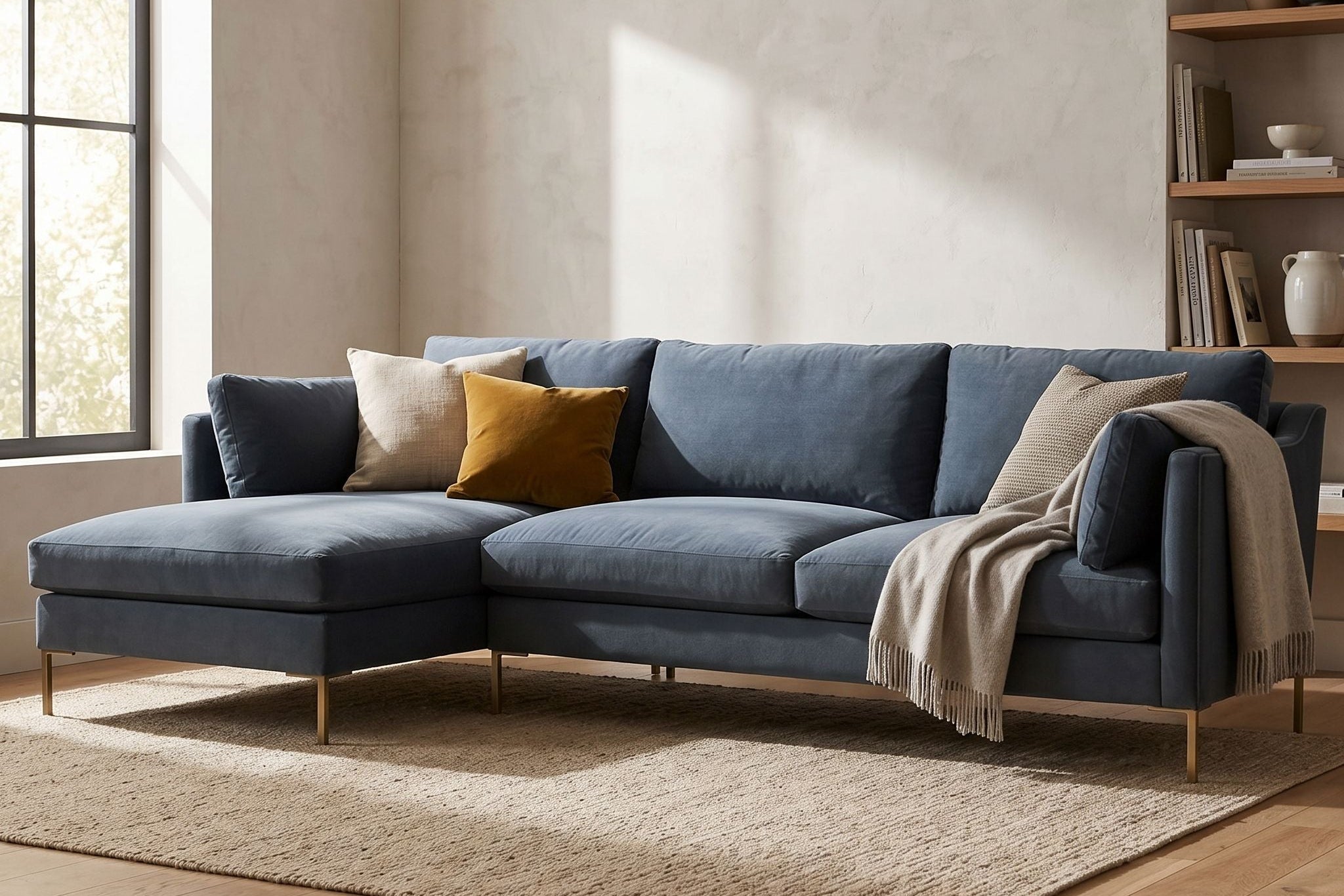 Stylish living room scene showing the Holloway Sectional's detailed wood grain, seat height, and textured decor.