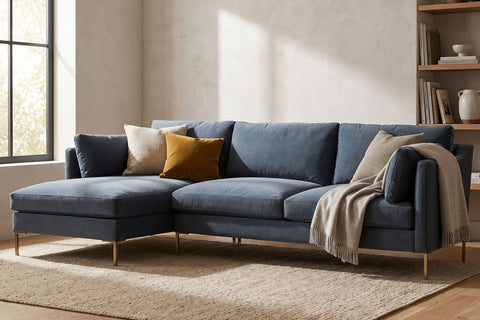 Stylish living room scene showing the Holloway Sectional's detailed wood grain, seat height, and textured decor.