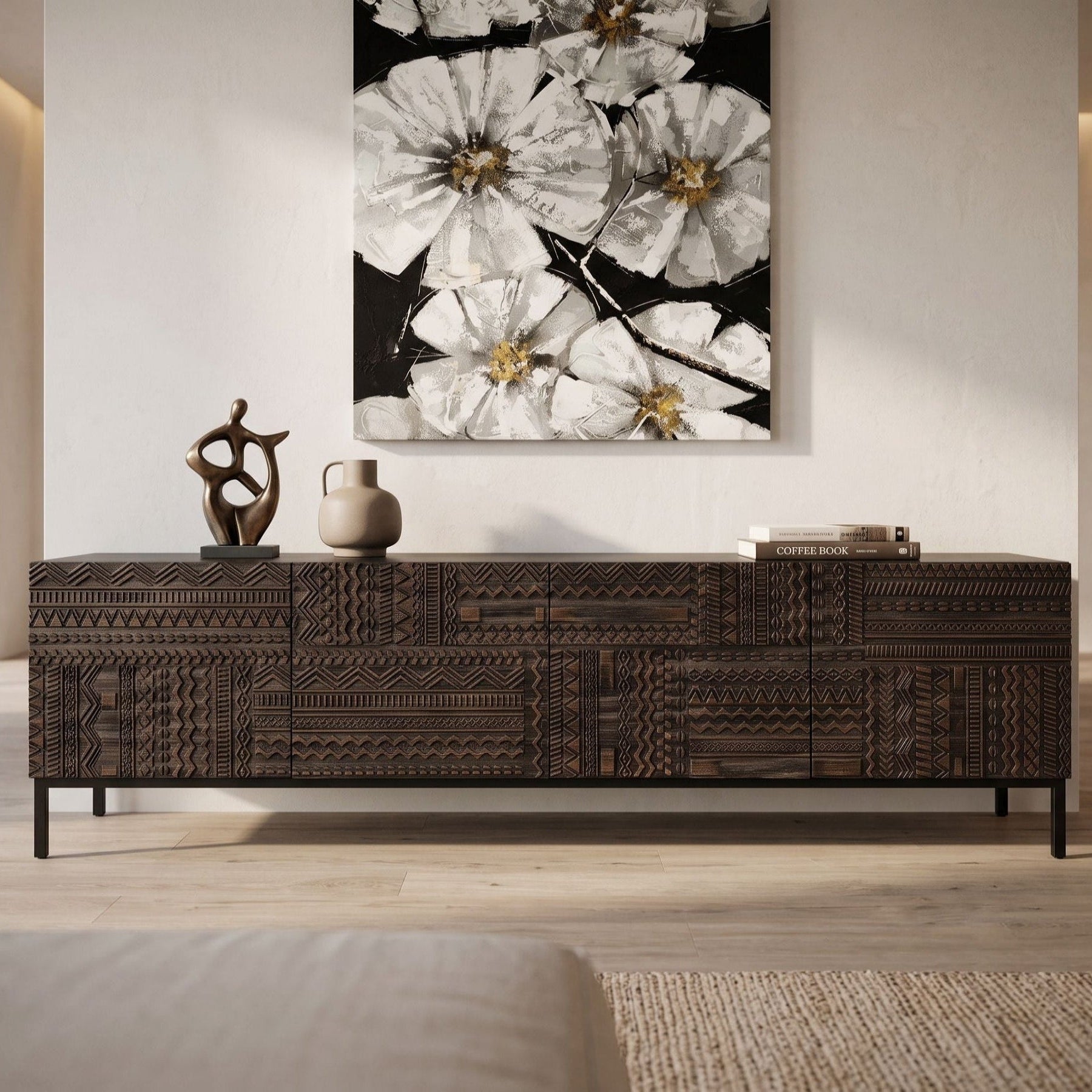 Full view of the Intaglio Credenza showcasing its modern design and natural wood finish in a contemporary living space.