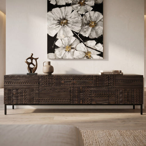Full view of the Intaglio Credenza showcasing its modern design and natural wood finish in a contemporary living space.
