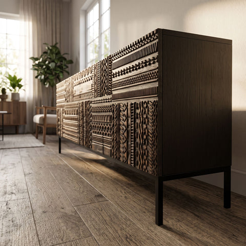Side angle of the Intaglio Credenza emphasizing craftsmanship and textured wood surface with warm sunlight.