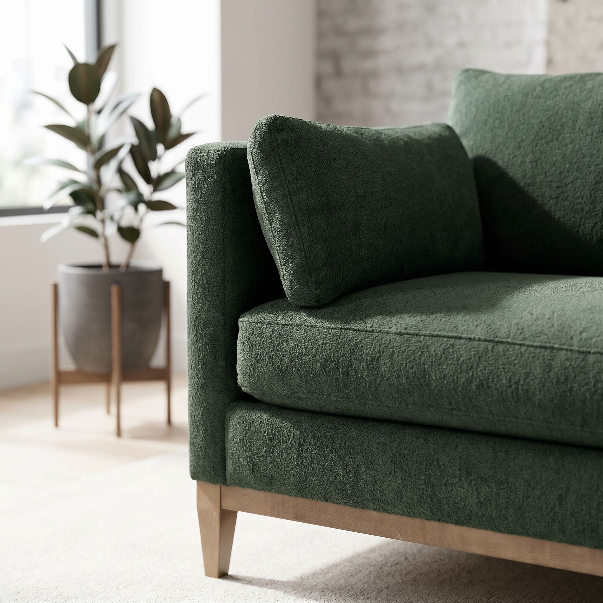 Close-up of the Leo Sectional's fabric upholstery showing craftsmanship, stitching, and vibrant texture with natural light in a modern living space.