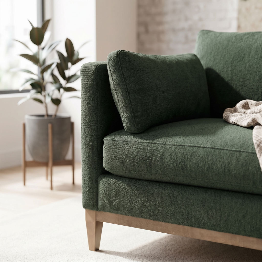 Close-up of Leo Sectional showing plush cushioning and fine stitching in a modern living room.