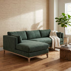 Family relaxing on the Leo Sectional with textured accent wall, warm hardwood floor, and natural lighting emphasizing its premium cushioning and craftsmanship.