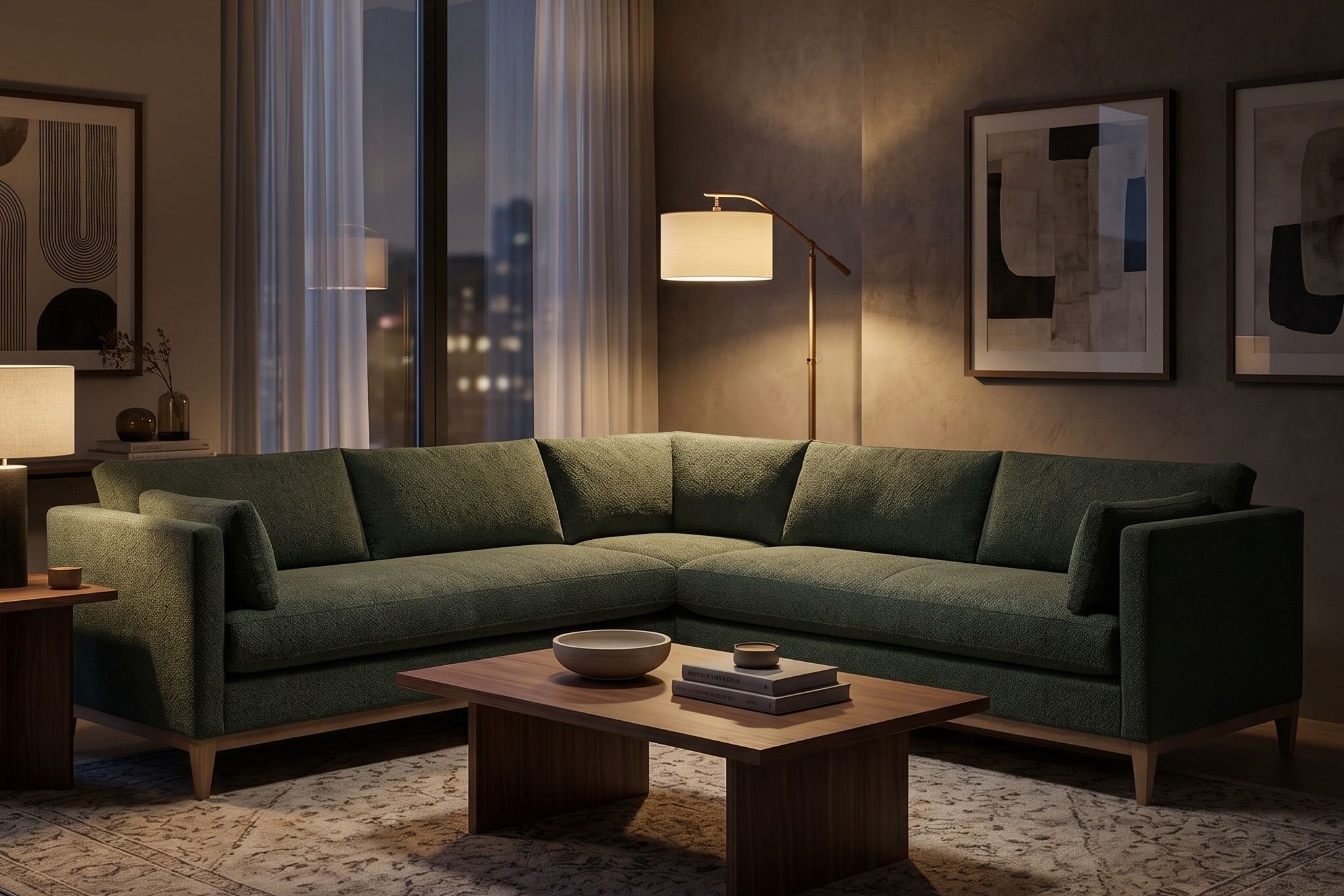 Elegant scene of the Leo Sectional in a contemporary living room during evening with warm ambient lighting, showcasing comfort and premium quality.