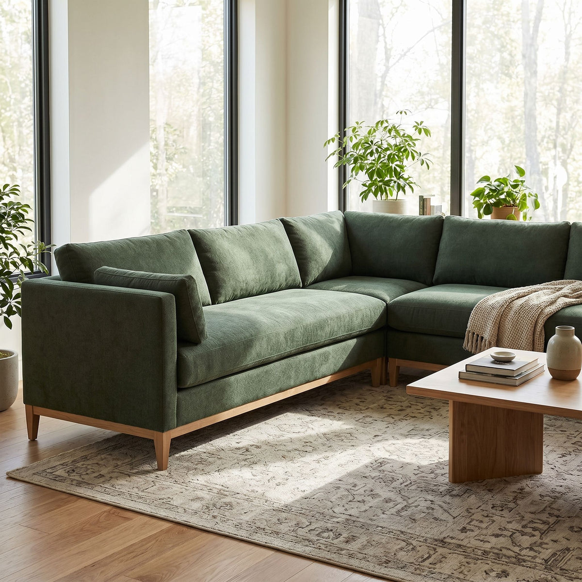 Lounging on the Leo Sectional in a sleek modern living room with natural light highlighting its plush cushions and durable hardwood frame.