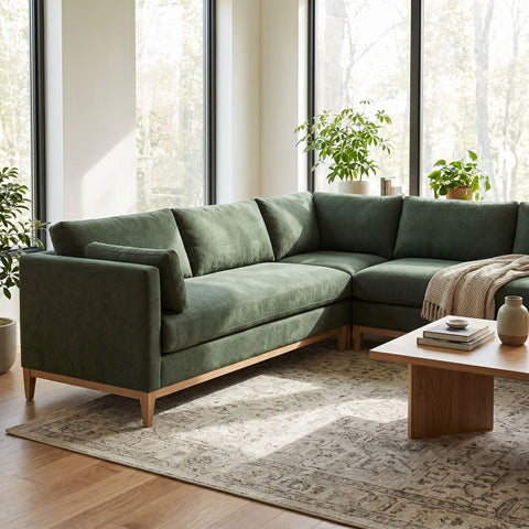 Lounging on the Leo Sectional in a sleek modern living room with natural light highlighting its plush cushions and durable hardwood frame.